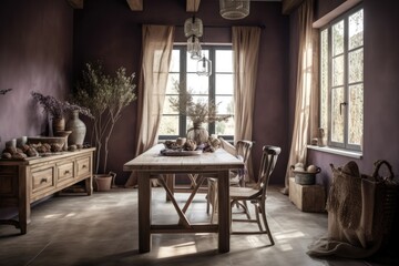 Dining area at a farmhouse with a wooden table and beige and purple colored chairs. Plaster walls, a bohemian interior,