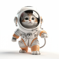 3D character of a cute kitten in a spacesuit in animation style. Fluffy cat traveler explores space and new planets. Children's illustration about the solar system, space and planet exploration.
