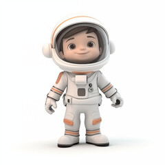 Fototapeta premium 3D character of a cute baby boy in a spacesuit in animation style. Young school boy traveler explores space and new planets. Children's illustration about the solar system, space and planet exploratio