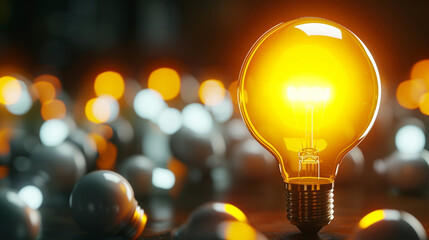 A Yellow Lightbulb with Glowing White Ring in 3D Render - Creative Thinking Concept