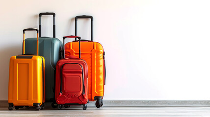 Colorful travel suitcases on a wooden floor against a white wall. Four stylish luggage suitcases with wheels and a retractable handle on a white background.