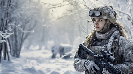 Winter Warfare: Female Soldier Moving in Snow