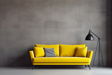 Yellow sofa against concrete wall. Scandinavian loft home interior design, modern living room, minimalist studio apartment