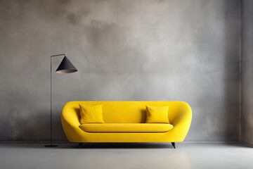 Yellow sofa against concrete wall. Scandinavian loft home interior design, modern living room