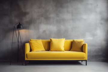 Yellow sofa against concrete wall. Scandinavian loft home interior design, modern living room, minimalist studio apartment