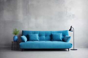 Blue sofa against concrete wall. Scandinavian loft home interior design, modern living room, minimalist studio apartment