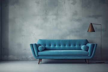 Retro Blue sofa against concrete wall, modern living room, minimalist apartment