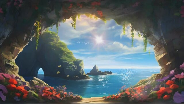 peaceful atmosphere sea view from the cave with flowers decorating the cave