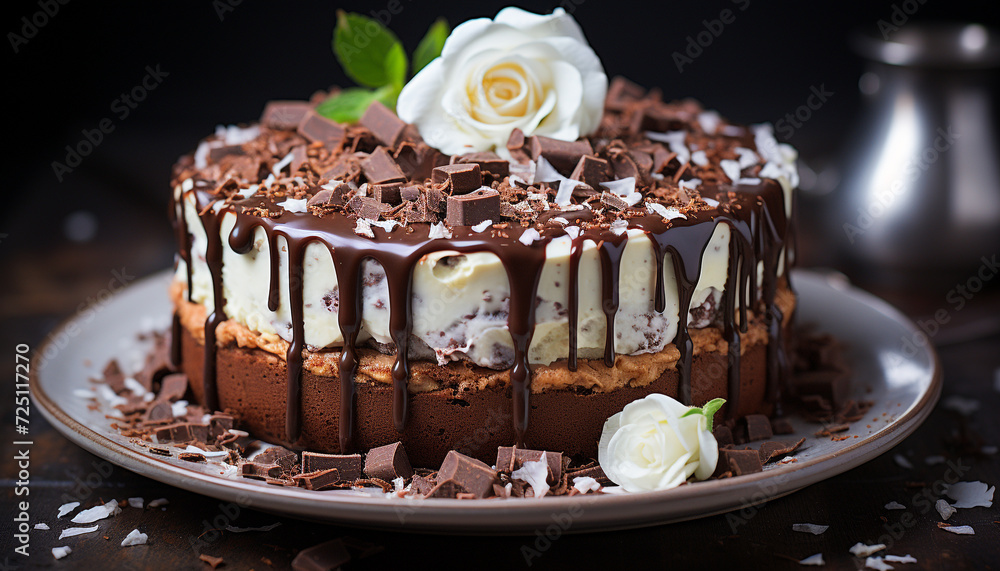 Sticker Chocolate cake with whipped cream and fresh strawberries generated by AI