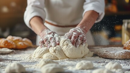 man's hands knead the dough for baking bread in the bakery