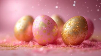 Golden and pink Easter eggs in motion float in the air against pink background