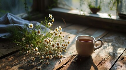 Obraz na płótnie Canvas white mug with chamomile tea on a wooden table
