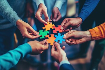 Businessmen working together to build a puzzle as teamwork, partnership and integration concept. Generative AI