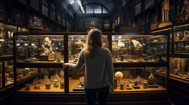 Exhibit Organization: Female Museum Curator Arranging Artifacts