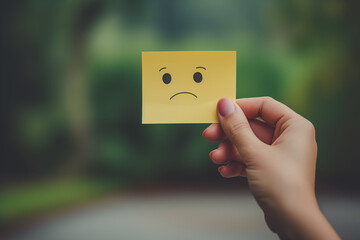 Hand Holding a Sad Face Unhappy Emotion on a Post It Sticky Note 