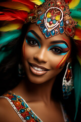 Fototapeta premium Close-up of a woman in vibrant carnival attire with a beaming smile
