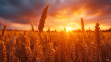 Golden wheat field at sunset with sunlight illuminating the ripe stalks, under a dramatic sky of orange and purple clouds.