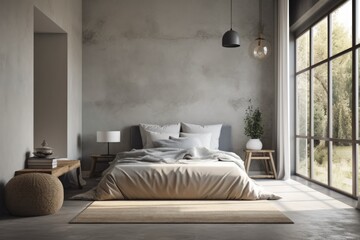 Interior of a gray bedroom with pillows and linens on a concrete floor and a bathroom in the...