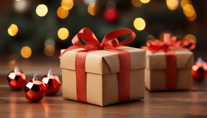 A glowing gift box wrapped in gold, illuminating the night generated by AI