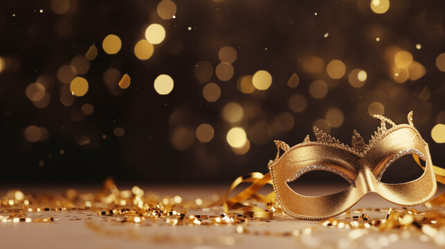 Maska na bal karnawałowy - tło na karnawał. Impreza na ostatki. Kolorowy błyszczący szablon na plakat lub baner na social media.