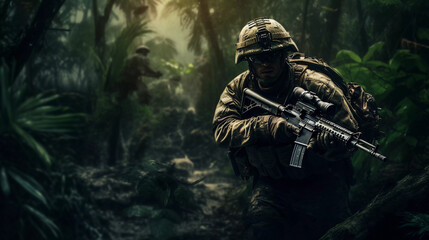 Jungle Mission: Soldier Moving to Battle in Jungle