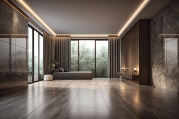 A luxurious room that is empty and has a wall and a granite tile floor