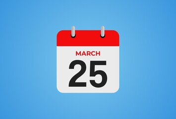 25 March calendar icon on blue background. Flat design. 