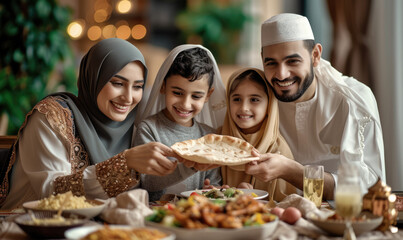 happy family from muslim family celebrating ramadan holy month together.