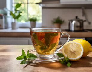 Tea made with mint and lemon prepared on the kitchen counter