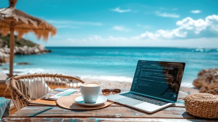 outdoor office or workspace with laptop and coffee cup at sea beach on summer holiday.