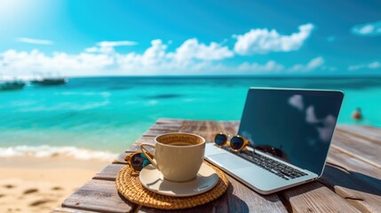 outdoor office or workspace with laptop and coffee cup at sea beach on summer holiday.