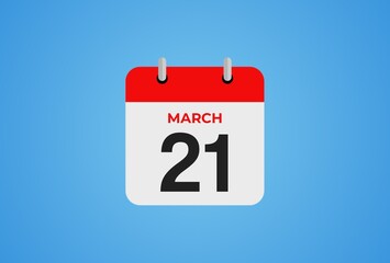 21 March calendar icon on blue background. Flat design. 