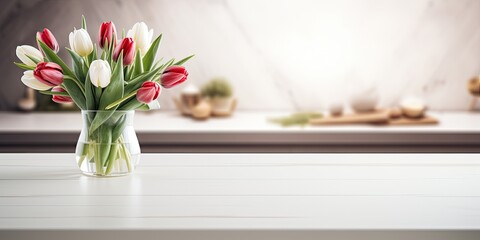Home comfort conveyed through a Scandinavian-style white kitchen with a tulip bouquet on a wooden table.