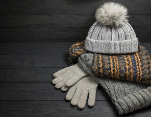accessories for the cold winter season on wooden floor; hat, scarf, gloves
