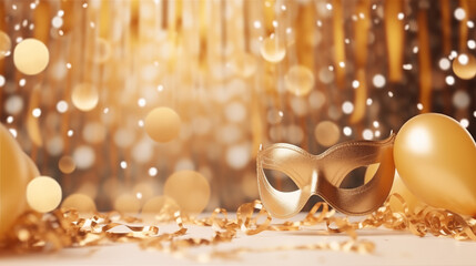 Maska na bal karnawałowy - złote tło na karnawał. Impreza na ostatki. Kolorowy błyszczący...