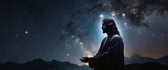 Jesus in a silhouette double exposure. In the background is the Milky Way galaxy. Stylish in the style of double exposure