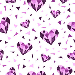 Purple shaded glass hearts with triangular glass fragments vector seamless pattern. Attractive art texture for printing on various surfaces or usage in graphic design projects.