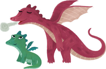 cartoon scene with dragons dino family parent with kid isolated illustration for children