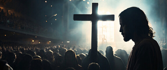 Jesus in a silhouette double exposure. In the background is the Crowd of people worshiping the cross. Stylish in the style of double exposure - obrazy, fototapety, plakaty