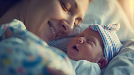 A mother looks overjoyed at her newborn son.