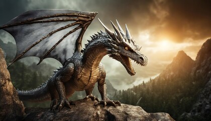 Naklejka premium Gorgeous fantasy red dragon art - digital illustration