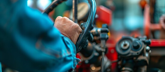 Control lever and mechanism for maneuvering a manual mini tractor, with a blurred background. - obrazy, fototapety, plakaty