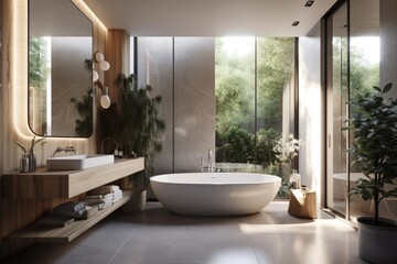 Fototapeta na wymiar Interior of a luxury modern home bathroom with a glass bathtub, shelf, plant, and window