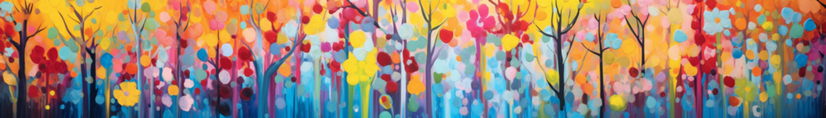 Abstract naive art banner with colorful trees and dots. Beautiful artistic illustration for web or background design