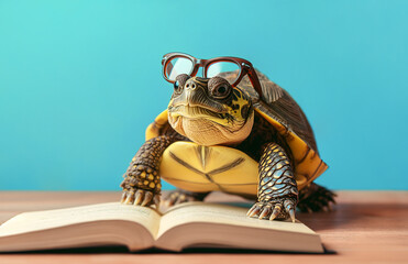 Tortoise with reading glasses and a book on a wooden table on a pastel blue background. Concept of library, wisdom, education, learning disorder, studying, slow reading.