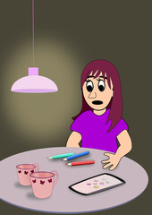 A girl sitting in a dark room, at a table with a cell phone, three colored pencils and two cups
