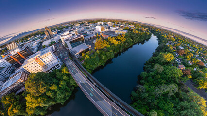 Aerial drone view, from Claudelands Bridge, over Hamilton City (Kirikiriroa) in the Waikato region...