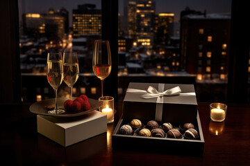 Valentine's day or birthday holiday dinner table with champagne glasses, sweets and gift boxes