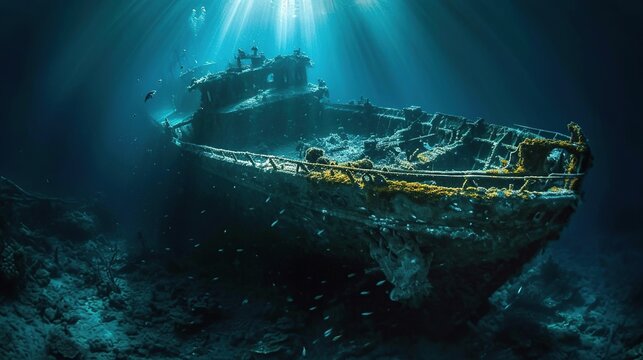 A hauntingly beautiful underwater shipwreck illuminated by dappled sunlight © Mas