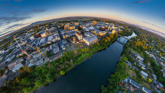 Aerial drone view, from Victoria on the River, over Hamilton City (Kirikiriroa) in the Waikato region of New Zealand